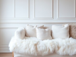 Luxurious Couch with Faux Fur Throws in Neutral Tones