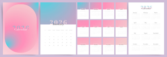 Monthly 2026 Calendar, Calendar 2026 Sunday Start Dreamy Pink Gradient Corporate Design Template