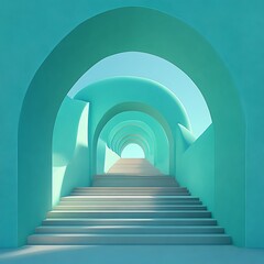 Teal arched hallway with stairs leading to light.