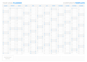 Planner 2026, Yearly Planner 2026 Sunday Start Blue Corporate Design Template