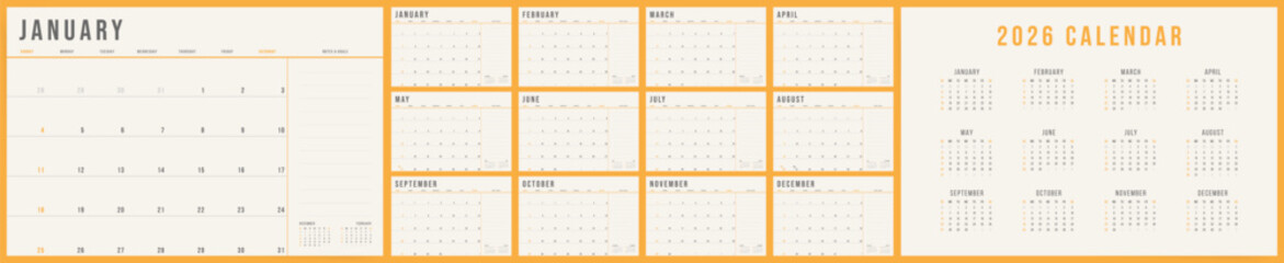 Calendar 2026 Monthly Templates with Notes, Calendar 2026 Sunday Start Orange Corporate Design Template
