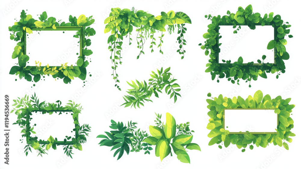 Poster frames made from liana vine with leaves and flowers. cartoon vector set of borders from jungle plant