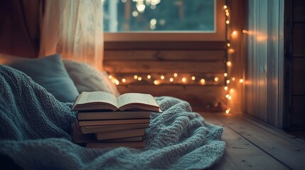 Cozy reading nook with books and fairy lights.