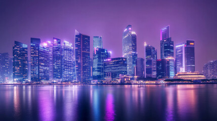 Naklejka premium Purple tech city background. Abstract building bg. Smart futuristic neon cityscape design. Urban architecture with speed energy for metaverse or hologram panorama. Modern skyscraper network at night