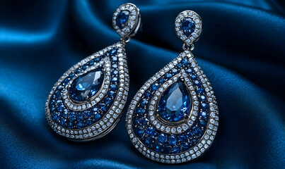 Obraz premium Sapphire earrings, silk, jewelry, luxury, display, product, photography, fashion, advertisement, blue