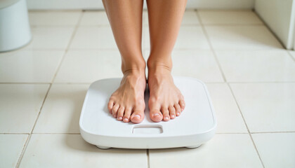 Barefoot woman standing on digital bathroom scale for weight control. Blank scale screen for text. Healthy lifestyle and weight control concept