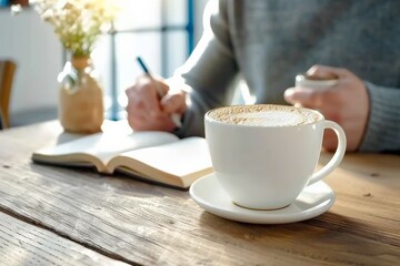 National Handwriting Day.Close-up of hands writing in a notebook with a cup of coffee.