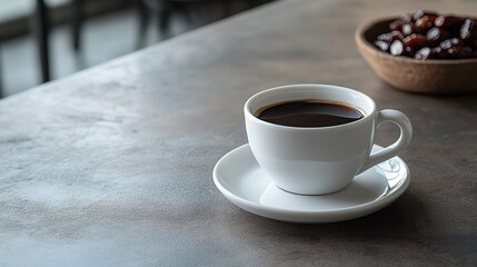 Fototapeta premium A cup of black coffee on a table with dates.