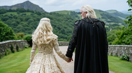 ​National King Day. A royal father and daughter dressed in elegant medieval attire holding hands.