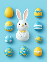 Easter sales and discount week, large set blue and yellow discounts banner in minimalism style with Easter icons and buttons. Simple stylish discount banner for website