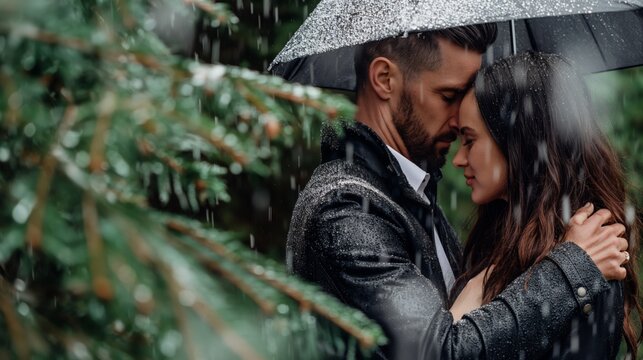 ​National Hugging Day. Romantic couple under a transparent umbrella surrounded by blooming flowers on a rainy day.