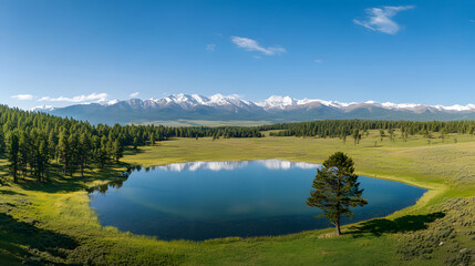 Fototapeta premium Panoramic view of the lake in front, panoramic view of the beautiful green forest and snow-capped mountains in the background.