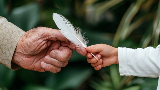 ​National Handwriting Day. An elderly hand and a child's hand holding a white feather.