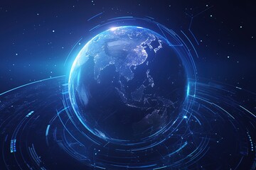 Futuristic glowing Earth encircled by digital rings.