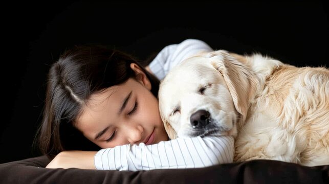 National Hugging Day.Girl peacefully hugging her golden retriever while sleeping on a soft surface.
