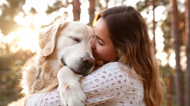 National Hugging Day.Girl peacefully hugging her golden retriever while sleeping on a soft surface.