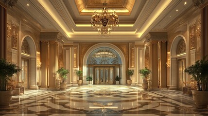 Grand hotel lobby, opulent design, marble floor, daytime