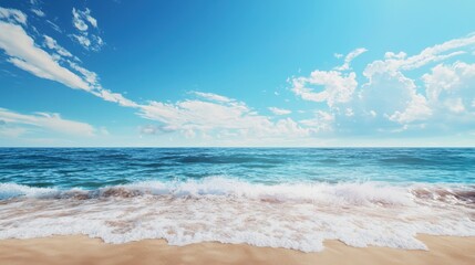 Fototapeta premium Tranquil beach scene with gentle waves seaside nature illustration serene environment wide angle view evoking peace