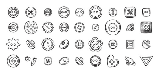 Sewing buttons line hand drawn doodle art icons set. Sewing accessories clothes various outline shapes. 