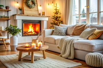 Crisp white corner sofa, cozy fireplace, embodies Scandinavian hygge. Macro photography captures intimate details.