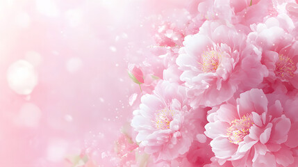 Fototapeta premium Pink background with white and pink peonies on the right side, a banner for wedding card design, pink color palette, pink flowers.