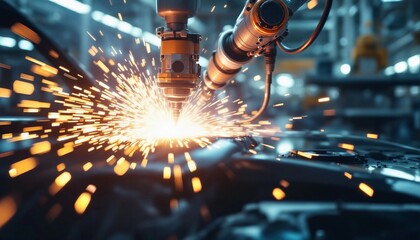 Automated industrial welding process with sparks from robotic arm in modern factory