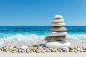 Fototapeta premium Tranquil beach scene with smooth pebbles and gentle waves coastal shoreline landscape photography sunny day peaceful concept