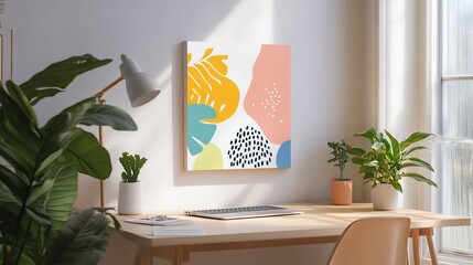 Abstract art canvas print on home office desk.