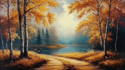 Fototapeta premium Autumm forest oil painting forest