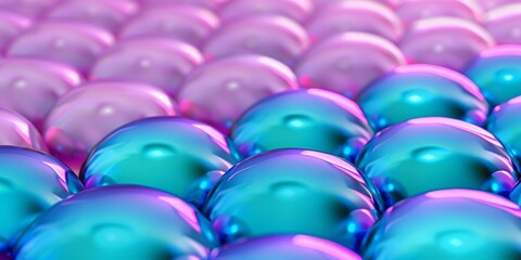 Bubble Wrap Appreciation Day. Macro close-up of bubble wrap with shiny, iridescent blue and pink spheres in a repetitive pattern.