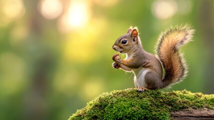 Obraz premium Squirrel Appreciation Day. A squirrel sitting on a moss-covered log, holding an acorn in a softly lit forest environment.