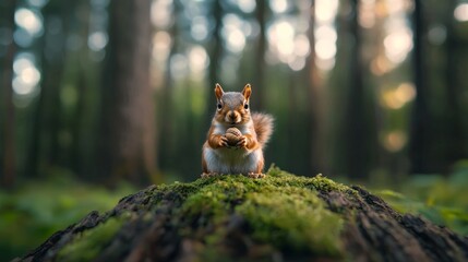Fototapeta premium Squirrel Appreciation Day. A squirrel sitting on a moss-covered log, holding an acorn in a softly lit forest environment.