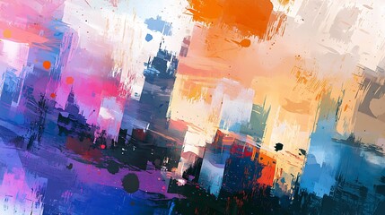A painting of a cityscape with a splash of color and a lot of paint splatters