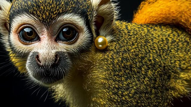 Close up of a playful monkey with vibrant fur and a striking pearl earring in a dark setting