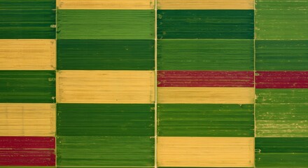 An aerial view of a neatly arranged patchwork of different crop fields. Farming and Agriculture