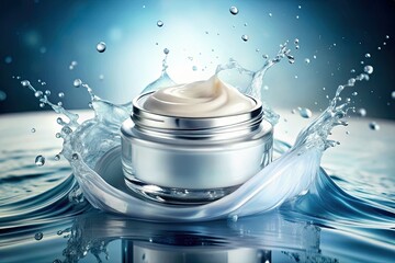 Crystal-clear water splashes, showcasing a cosmetic cream jar's radiant hydration.
