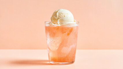 Peach Soda Float: A simple yet striking photo of a peach soda float served in a clear glass against a light peach-colored background