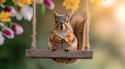 Squirrel Appreciation Day.A curious squirrel sitting near a bowl of daisies, with a soft and glowing natural background.