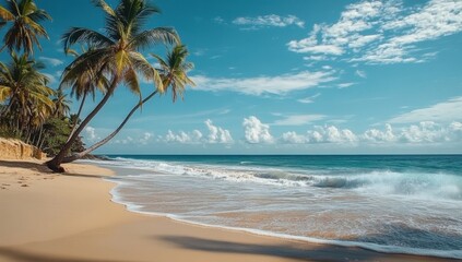 Tropical beach with palm trees- blue water waves- sand and sky. Beautiful landscape- scenery of deserted ocean shore. Theme of nature- summer- vacation- travel and paradise