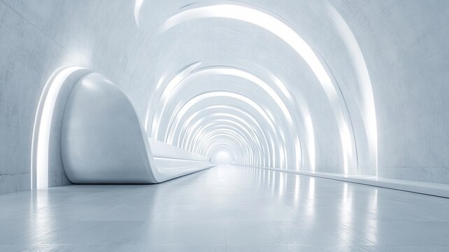 Futuristic white tunnel, glowing arches, interior design