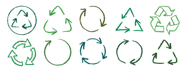 Recycle arrow hand drawn pencil line icon set. Crayon green recycle arrow chalk Icon Vector drawing