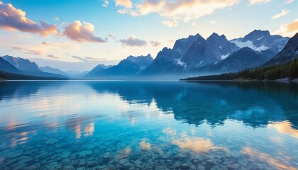 Majestic mountains reflected on calm lake waters under a vibrant sky at dusk
