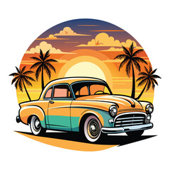 Retro car vector illustration, sunset tropical background, vintage design poster