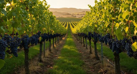 Naklejka premium A picturesque vineyard with grapes hanging on vines in soft, golden light.