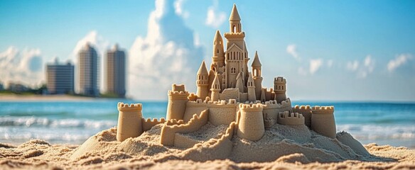 Grand intricate sandcastle on the beach during a summer day with a blured city backdrop