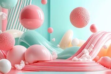 Pastel spheres swirl, mint backdrop, abstract art, design