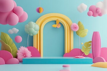 Pastel archway display, whimsical scene, product placement