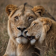 Obraz premium A lion and a lioness cuddling, white background.