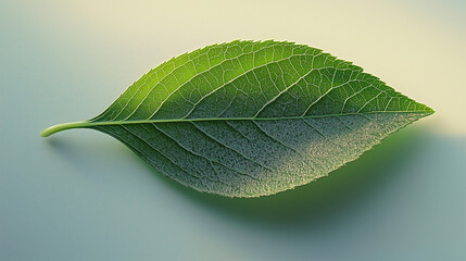 A single, bright green leaf lies on a pale background
