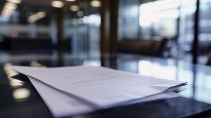 Corporate policy document on a sleek glass desk in a modern office setting, symbolizing professionalism and business clarity. Professional workplace and corporate governance concepts.